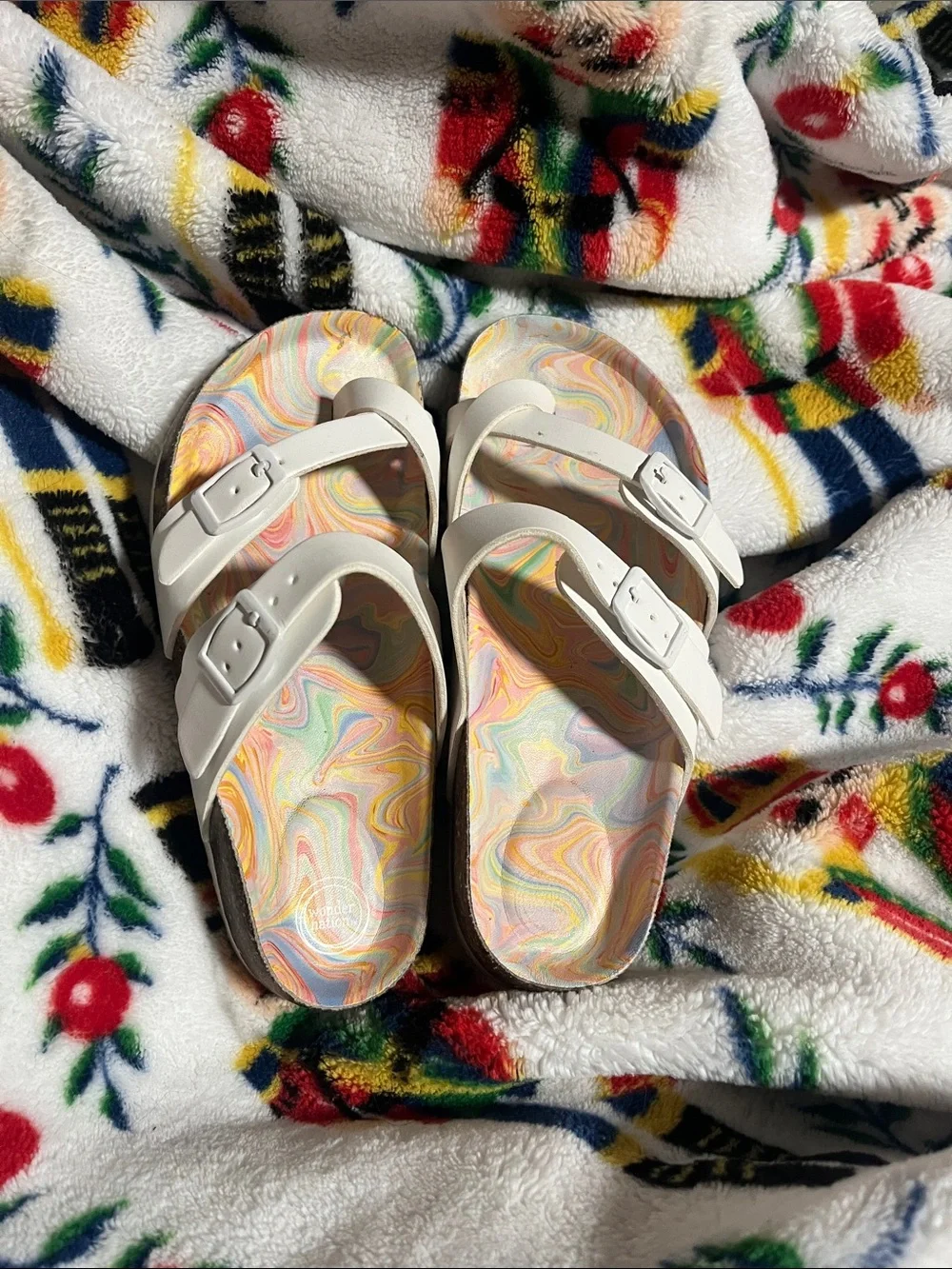 wonder nation White Double-Buckle Sandals with Pastel Swirl Insole